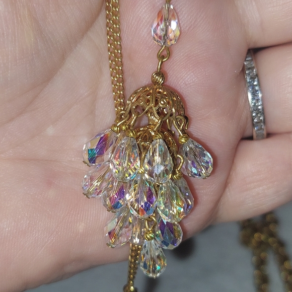 Vintage Jewelry - Vintage Estate Sale Piece Goldtone and AB Crystal Drop Necklace